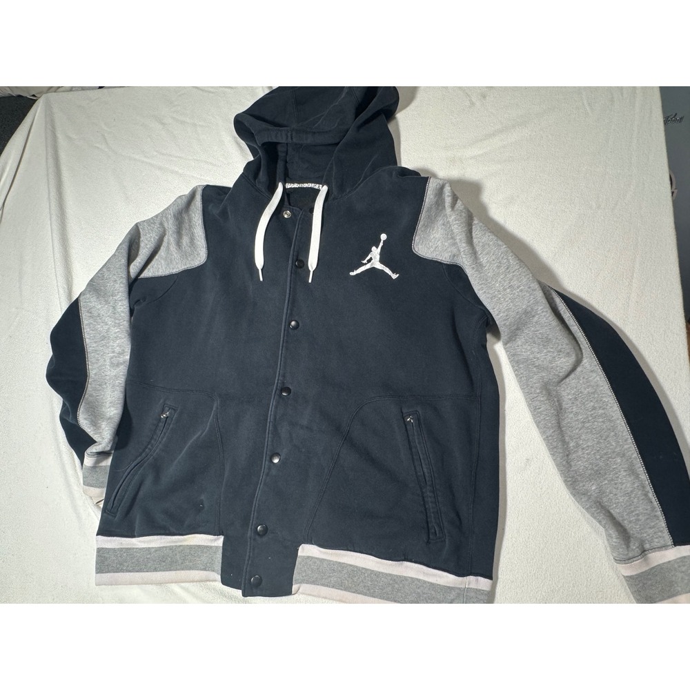 Jordan Mens Hooded Varsity Jacket Black Grey Snap Front Jumpman Fleece XL